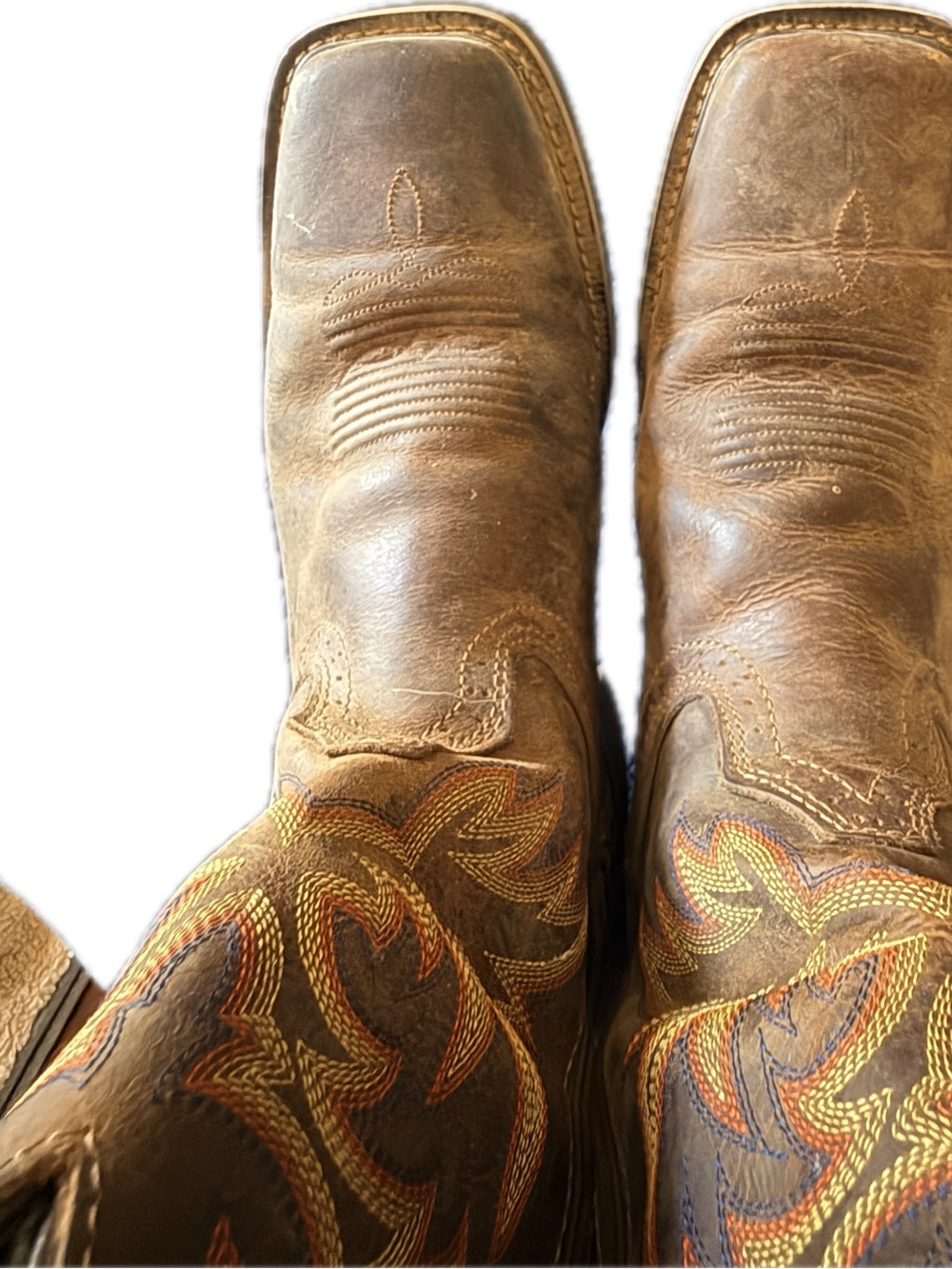 Justin Boots Brown Leather Cowboy Boots with Orange & Yellow Embroidery